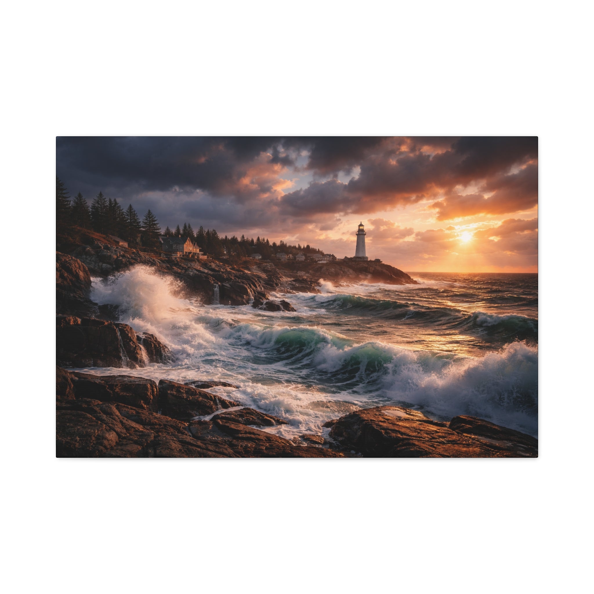 Lighthouse on a rocky coastline with dramatic waves and sunset sky