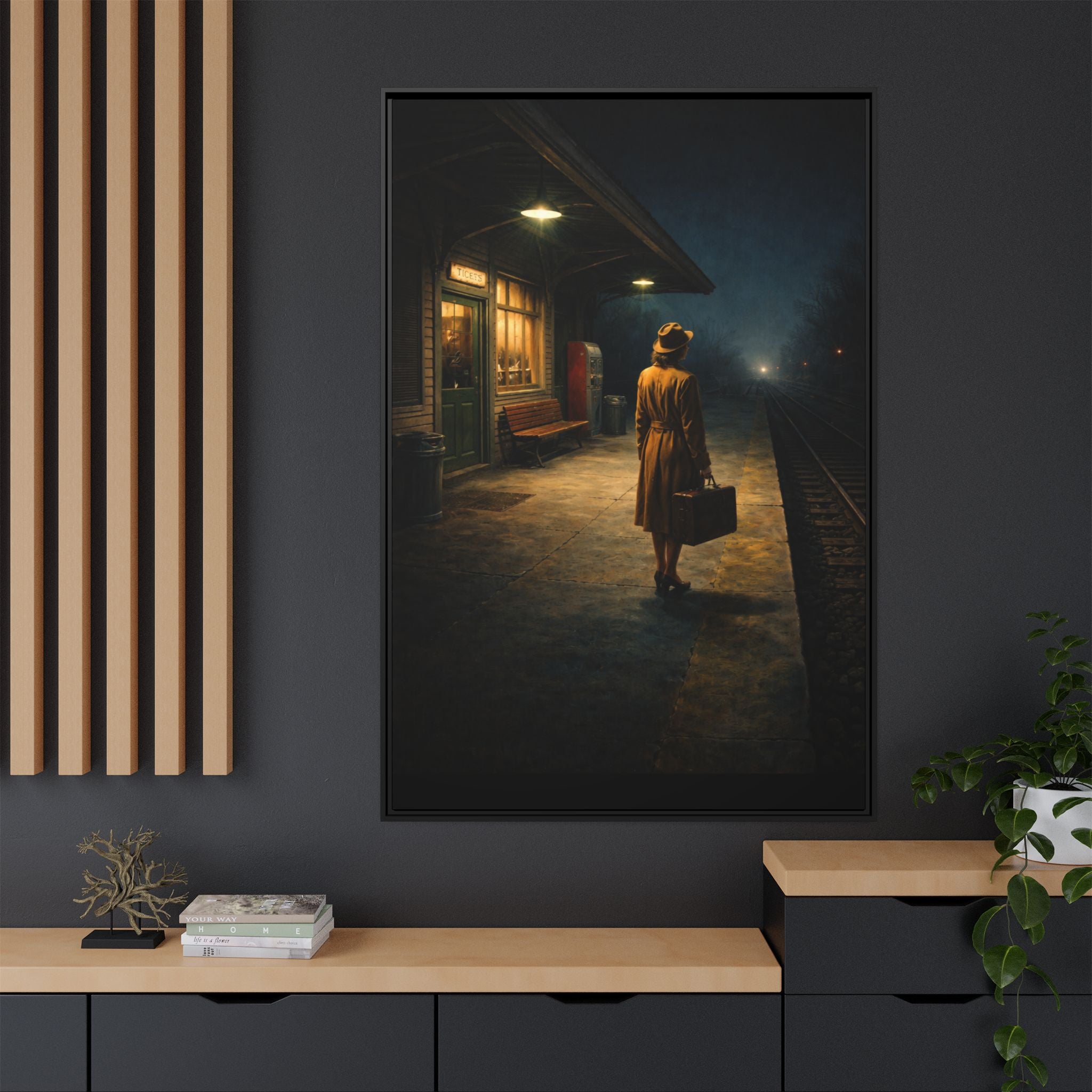 Canvas Framed | Vintage Noir Wall Art | Waiting at the train station