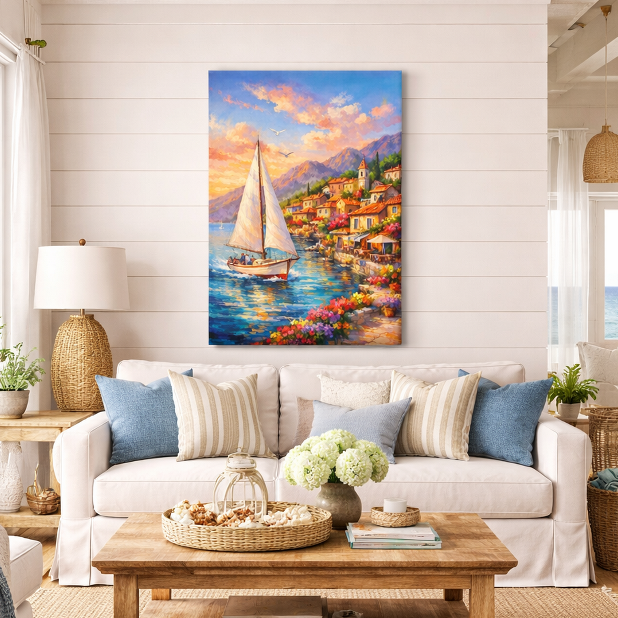 Sunlight pours over terracotta roofs and a sailboat drifts across shimmering water