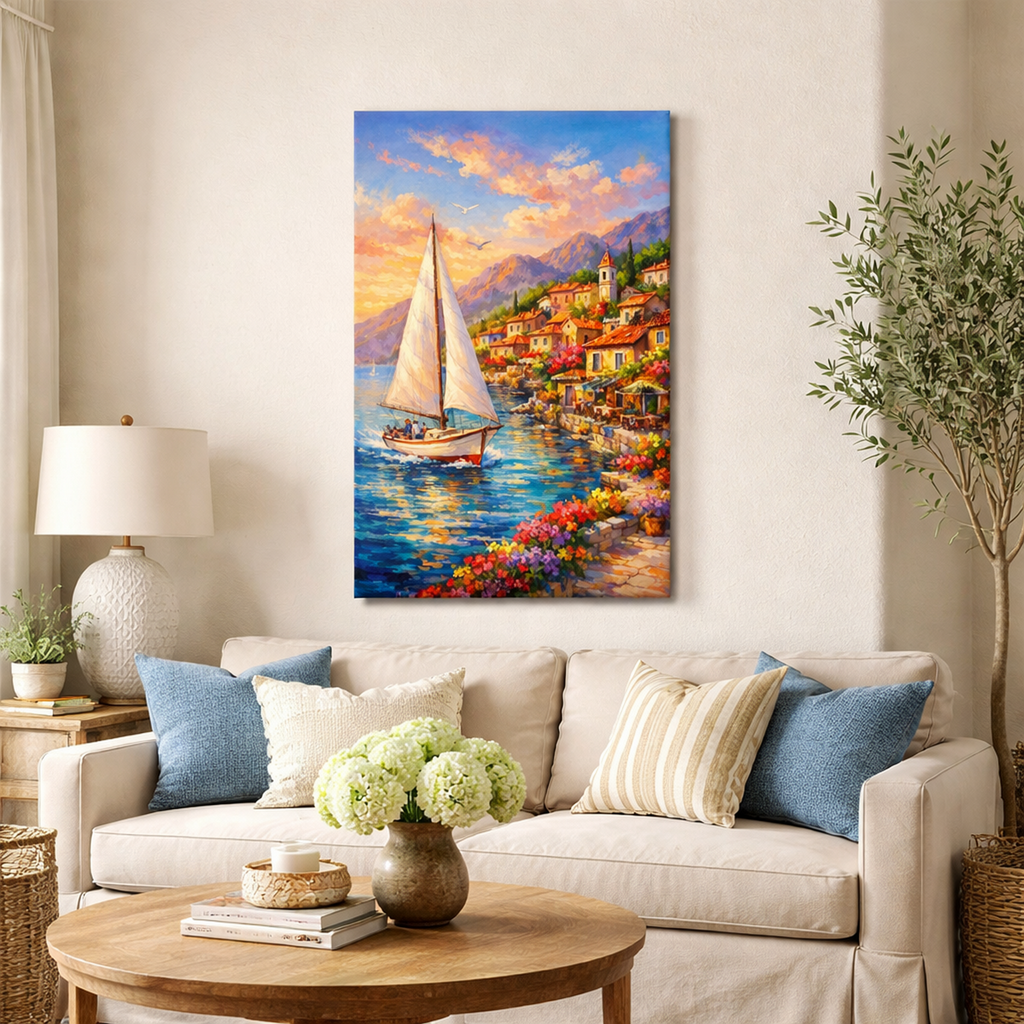 Mediterranean Sailboat Village Canvas — Stretched Wall Art