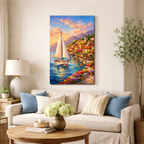 Mediterranean Sailboat Village Canvas — Stretched Wall Art