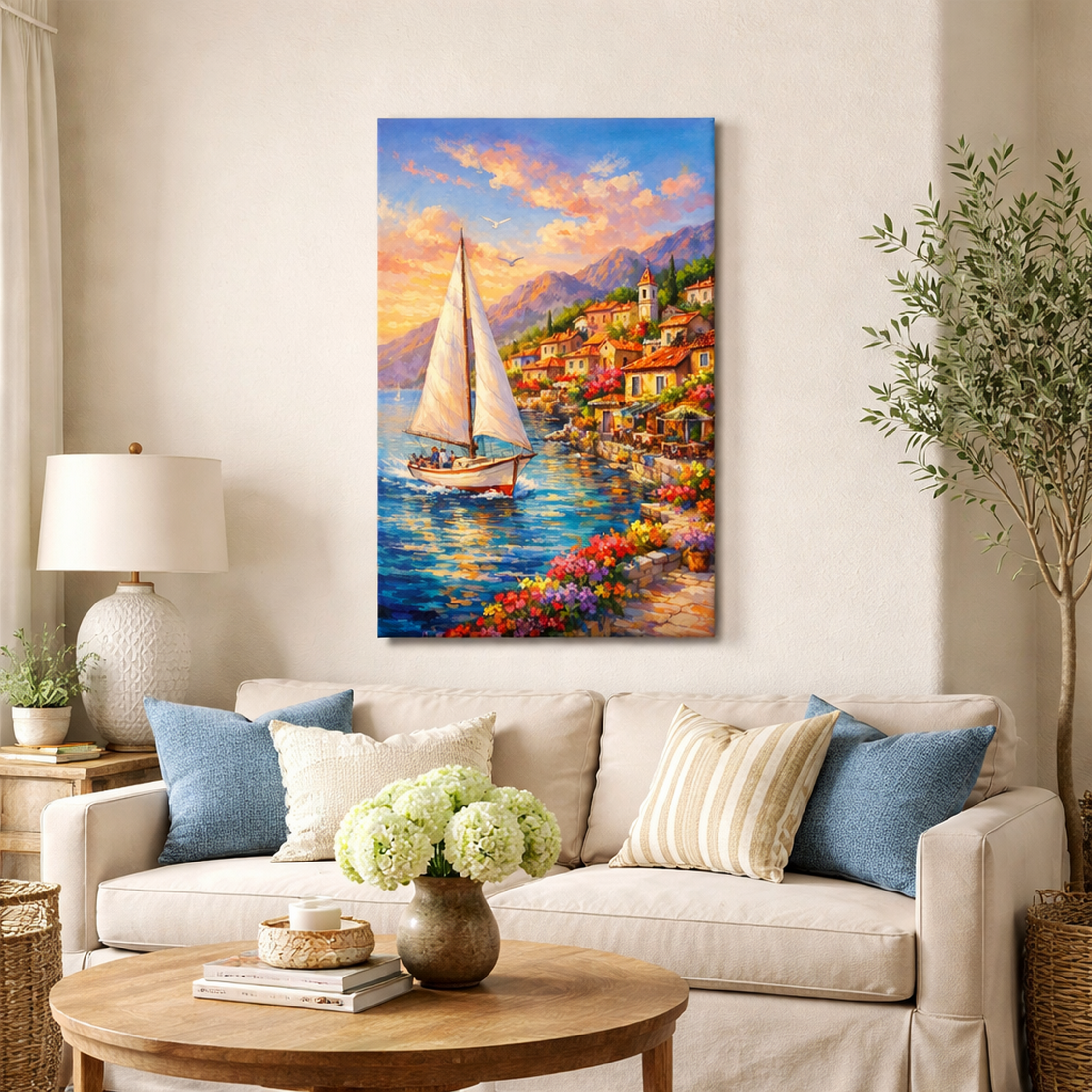 Mediterranean Sailboat Village Canvas — Stretched Wall Art