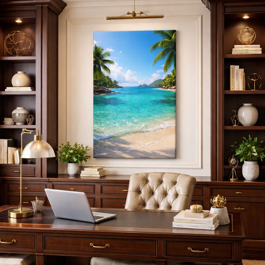Rich blues, warm sand tones, and lush greenery Beech scene. Paradise