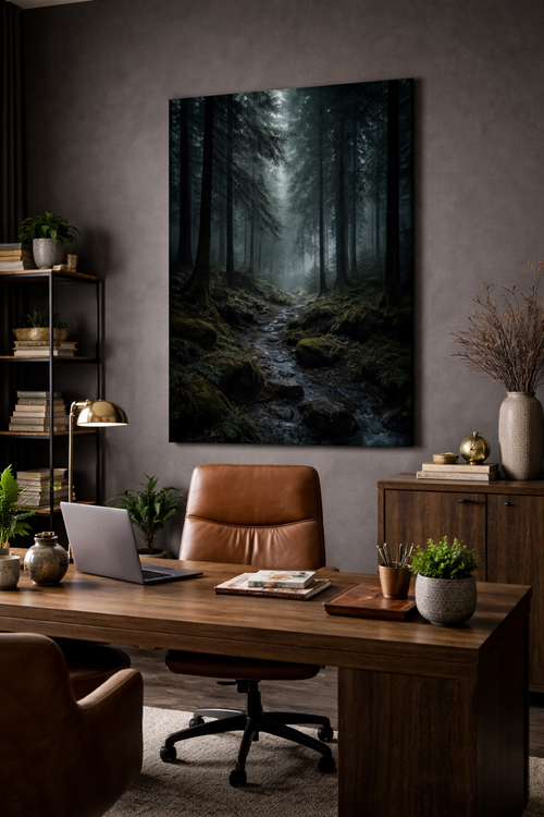 Home office with a large forest painting on the wall