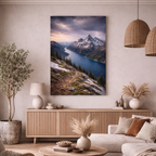 This breathtaking canvas captures a dramatic alpine scene where towering snow-covered peaks rise above a deep blue lake winding through a rugged valley.