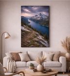 Living room with a large mountain landscape painting above a sofa.