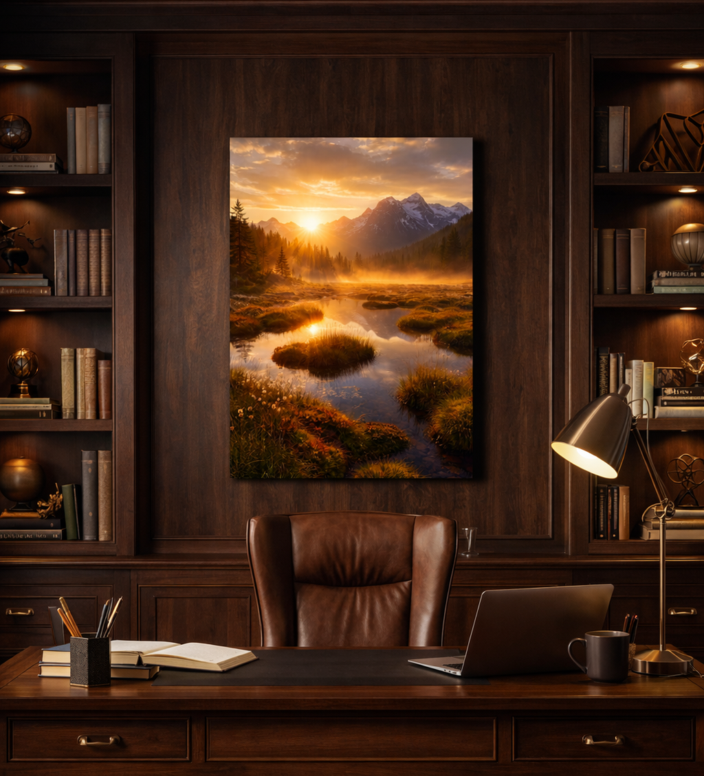 Decorative office setup with a mountain landscape painting, leather chair, and desk.