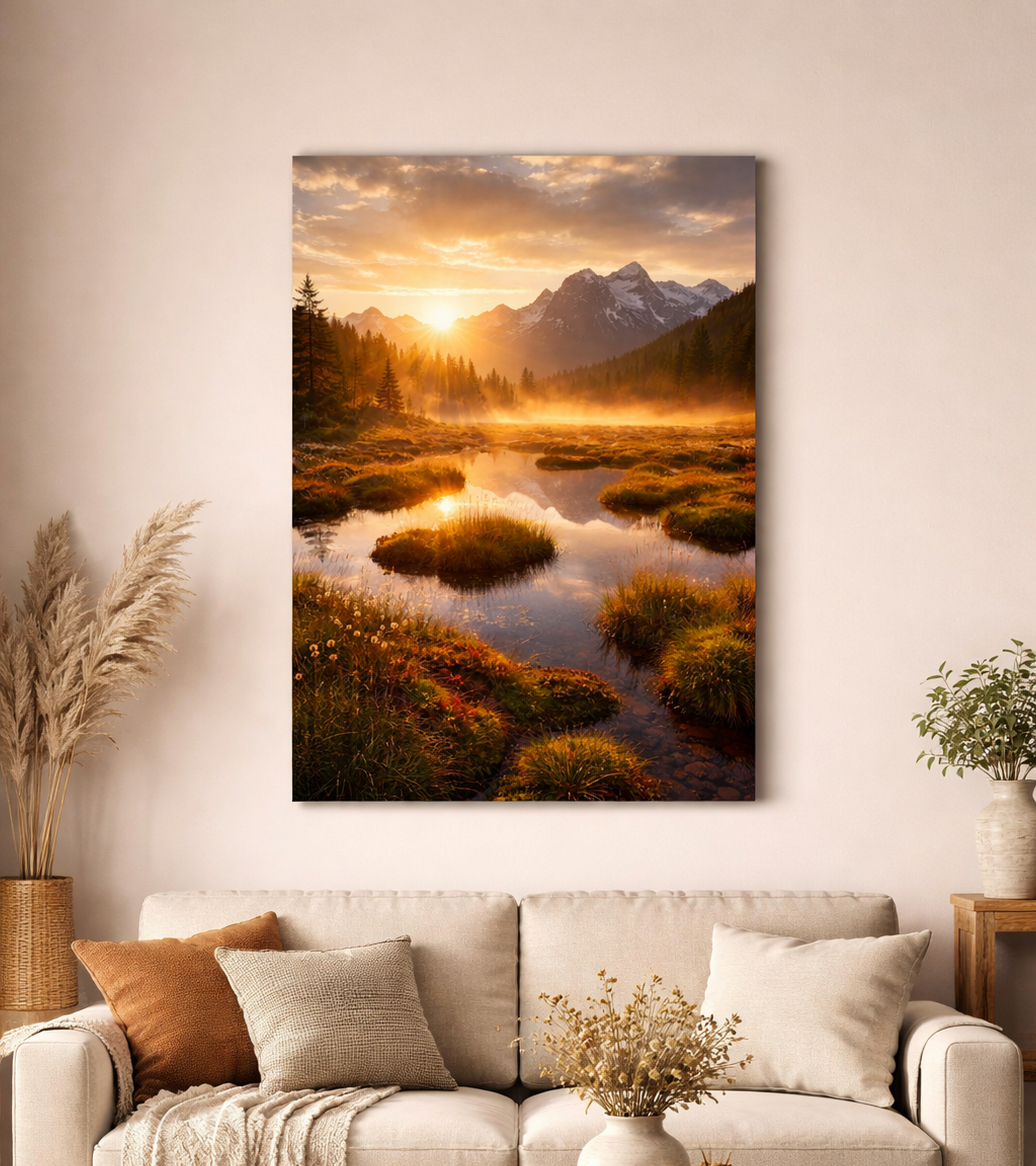 Canvas print of a mountain landscape with a sunset over a lake, hanging above a sofa in a living room.