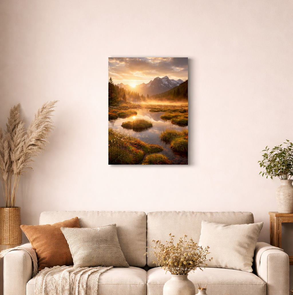 Landscape painting of a sunset over a mountain lake in a living room.