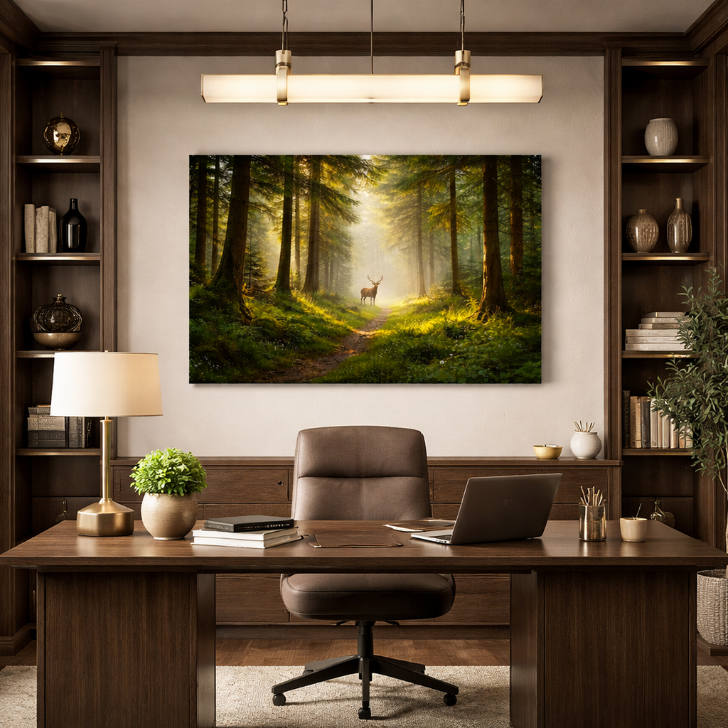 Modern office with a large painting of a forest scene on the wall, featuring a deer.