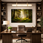 Modern office with a large painting of a forest scene on the wall, featuring a deer.