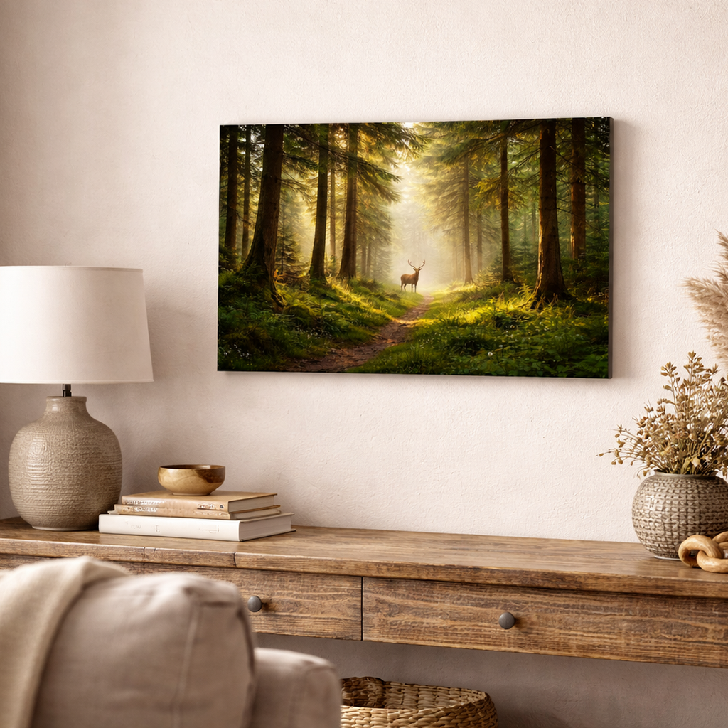 Framed forest scene with a deer on a wall above a wooden console table.