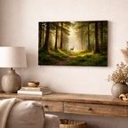 Framed forest scene with a deer on a wall above a wooden console table.