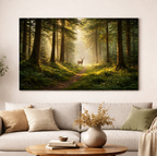 Framed artwork of a forest scene with a deer on a wall above a sofa.