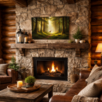 Cozy living room with stone fireplace, wooden mantel, and scenic wall art.
