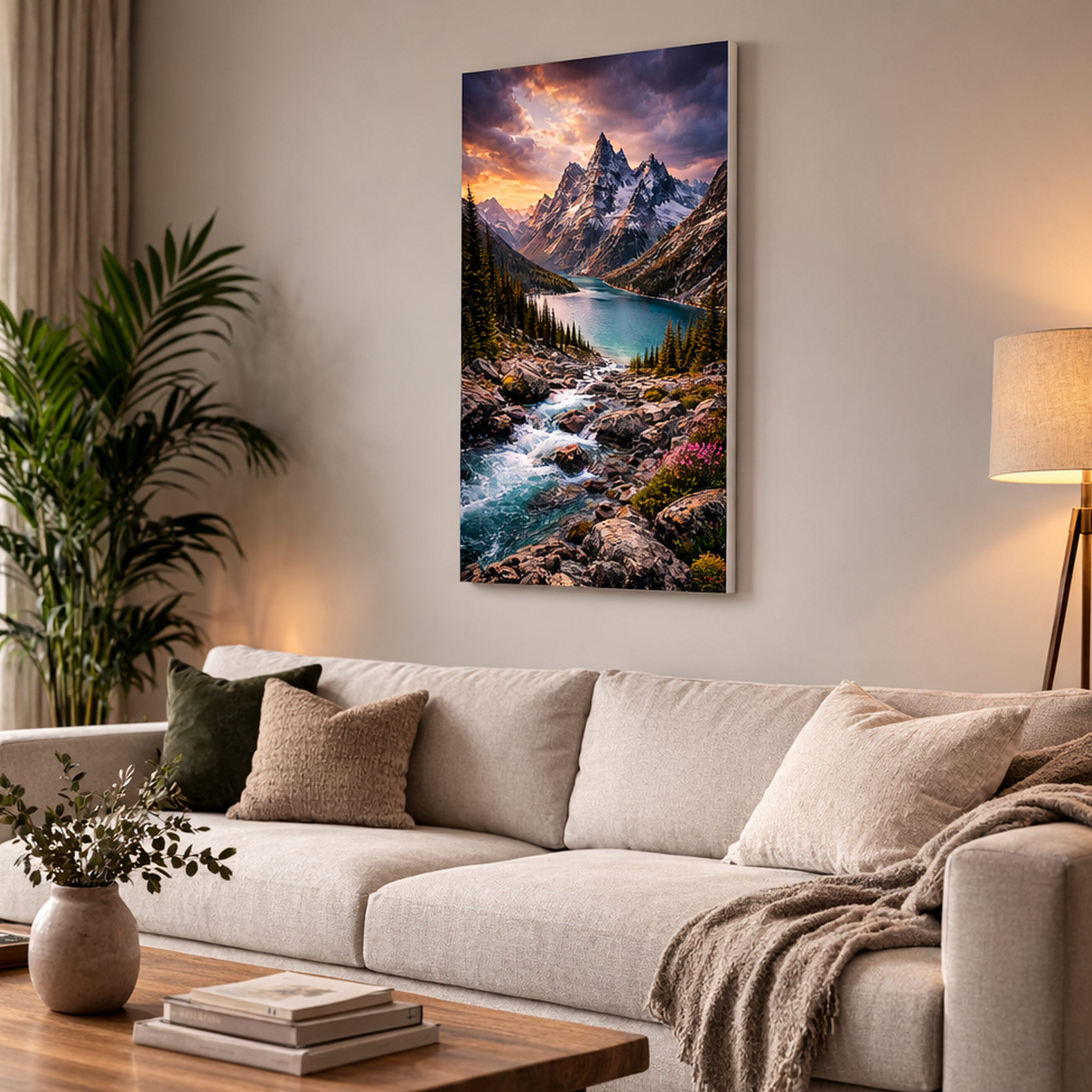 Large dramatic mountain wall art canvas with lightning and alpine valley view