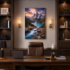 Dramatic alpine mountain lake landscape canvas print with storm clouds and snow covered peaks