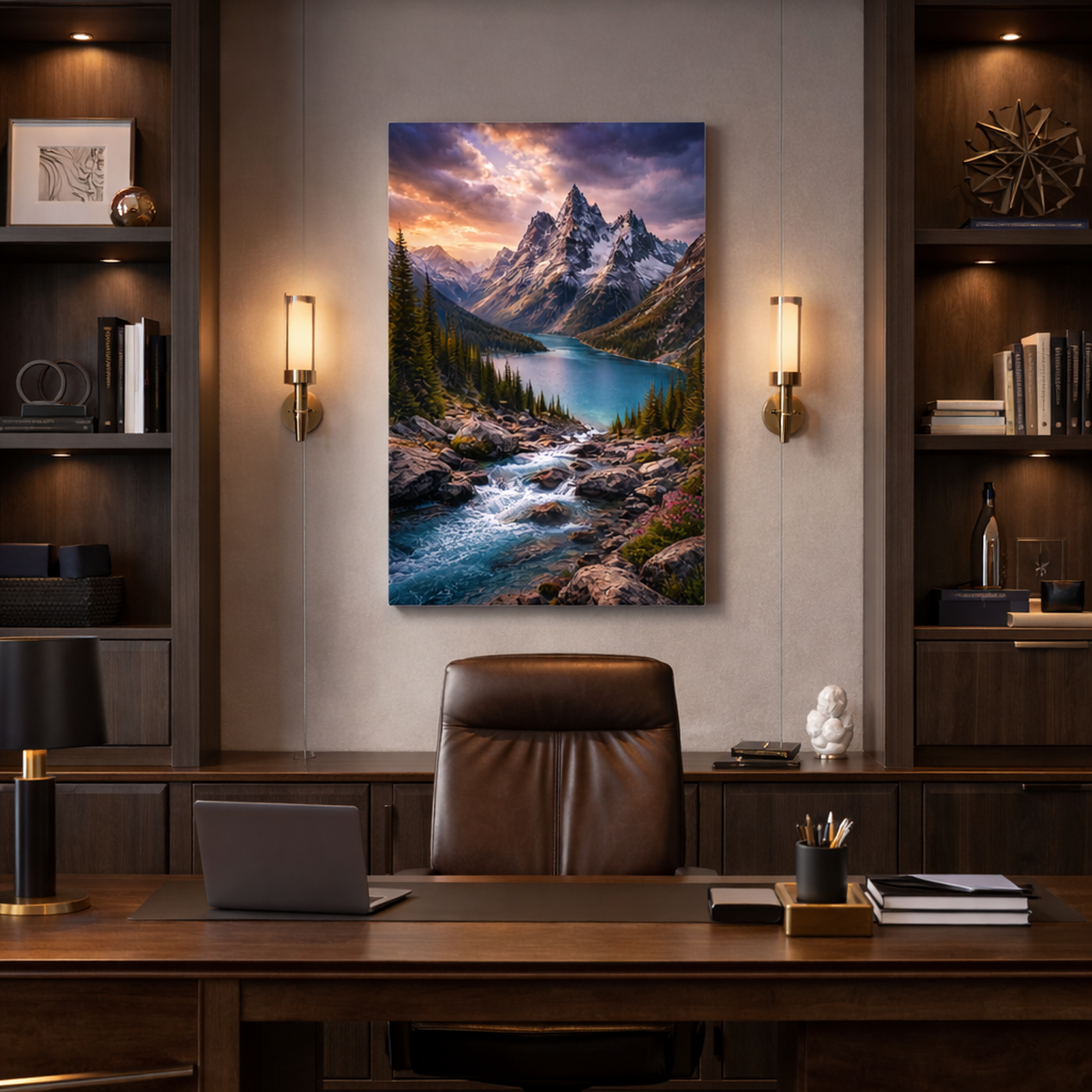 Dramatic alpine mountain lake landscape canvas print with storm clouds and snow covered peaks