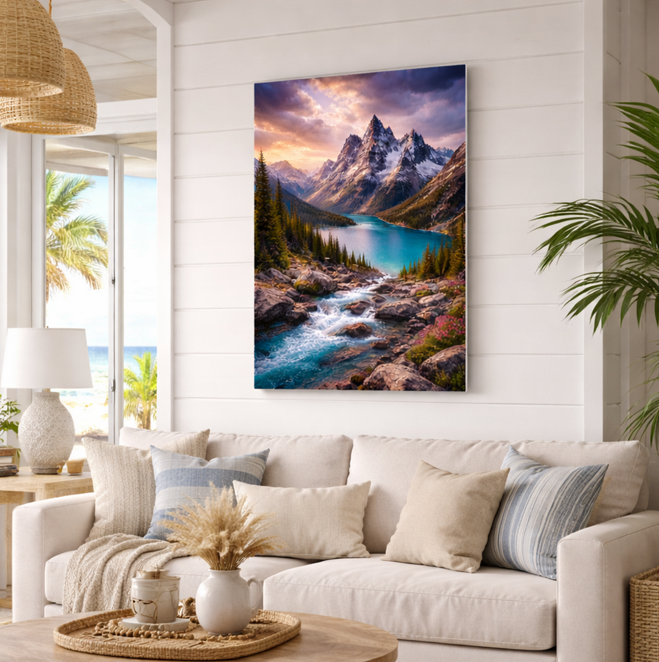 Alpine wilderness canvas print showing storm sky over deep blue mountain lake