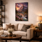 Alpine mountain lake sunset canvas wall art displayed above sofa in modern living room