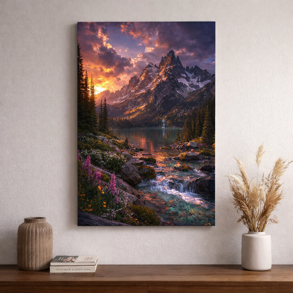 Large alpine landscape canvas print with vibrant sunset sky displayed in stylish interior