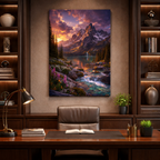 Mountain lake sunset canvas print displayed in elegant office interior