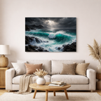 Dramatic turquoise ocean waves crashing against rocky coastline under stormy sky canvas wall art displayed in modern living room interior.