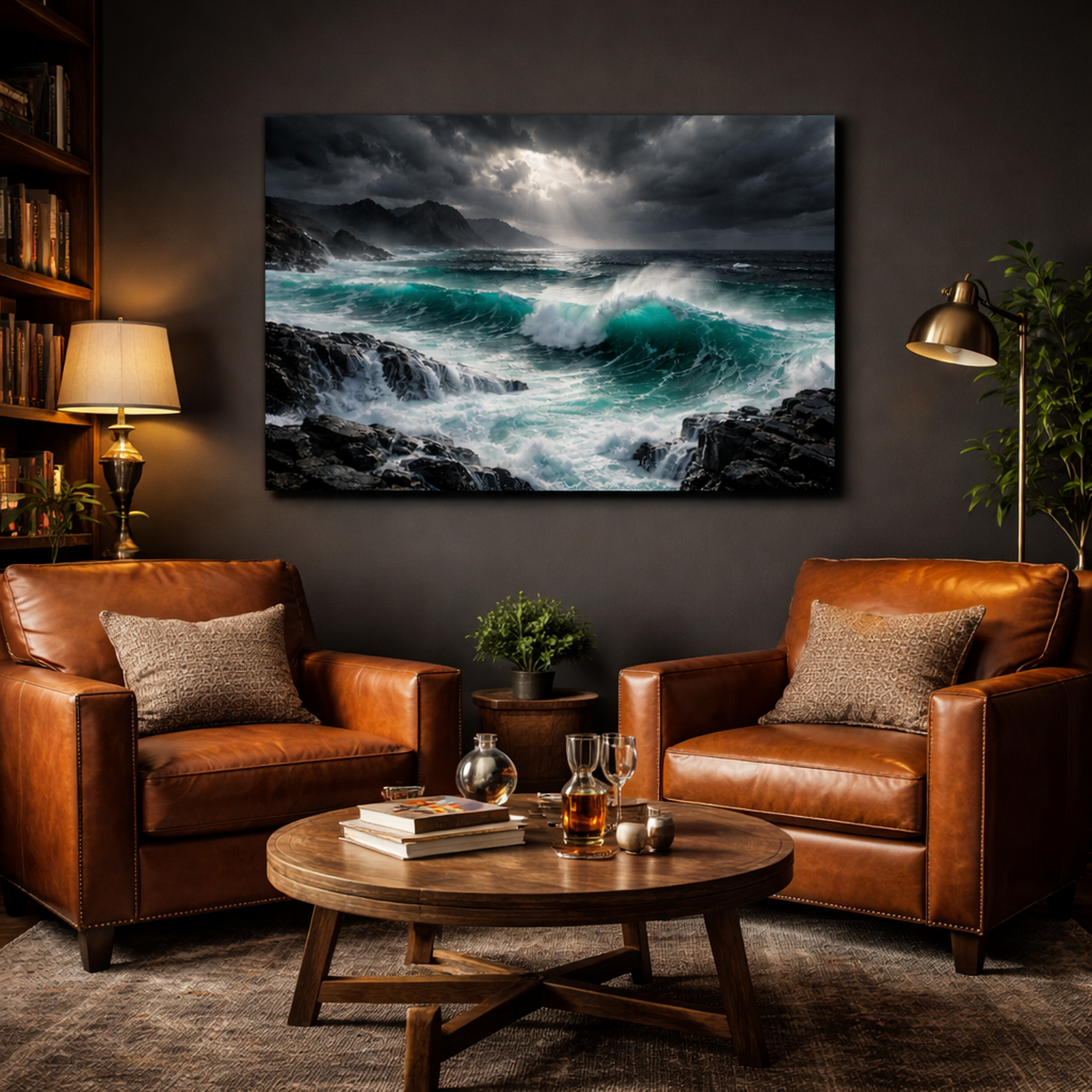 Living room with brown leather chairs, a wooden coffee table, and a large ocean painting on the wall.