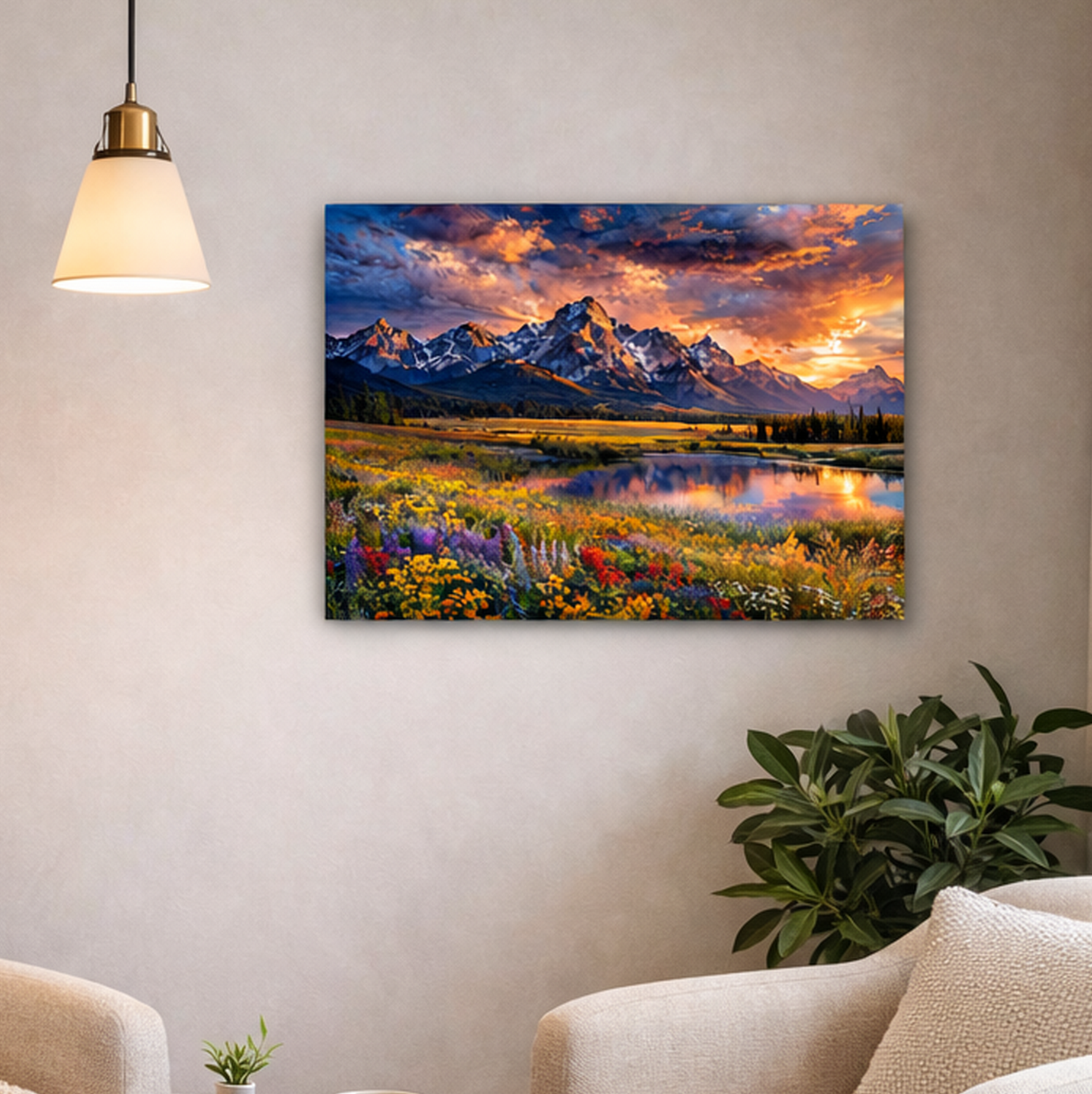 Living room with a large mountain landscape painting on the wall, two beige chairs, a coffee table with items, and a plant.