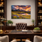 Decorative office setup with a large landscape painting on the wall.