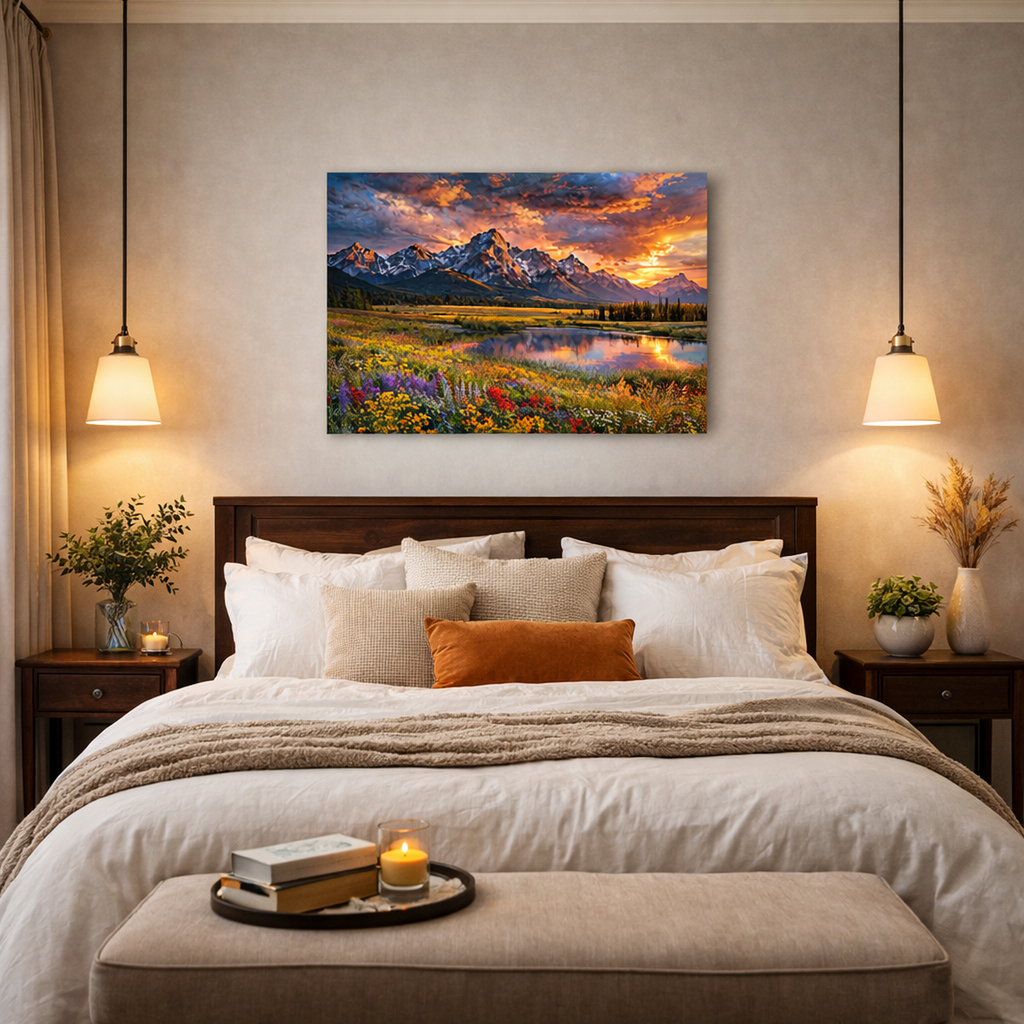 Decorative bedroom with a large painting of a mountain landscape above a bed.