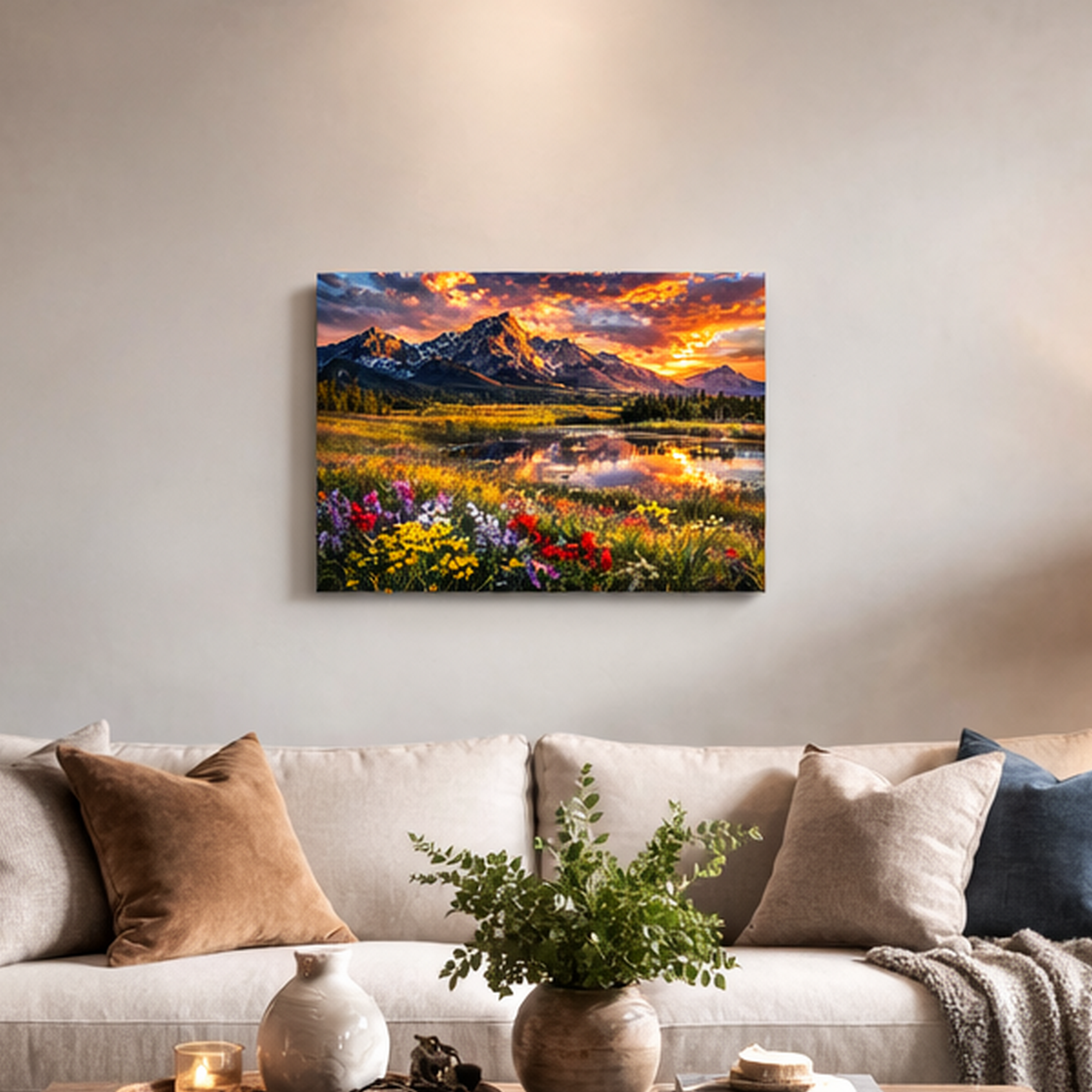 Canvas print of a mountain landscape with flowers hanging above a sofa in a living room.