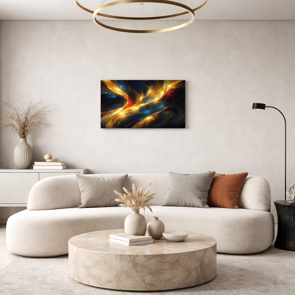 Modern minimalist living room with curved sofa and marble coffee table displaying gold and blue abstract canvas wall art.