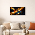 Gold blue abstract canvas wall art with flowing golden light and subtle red accents displayed in a modern living room interior.