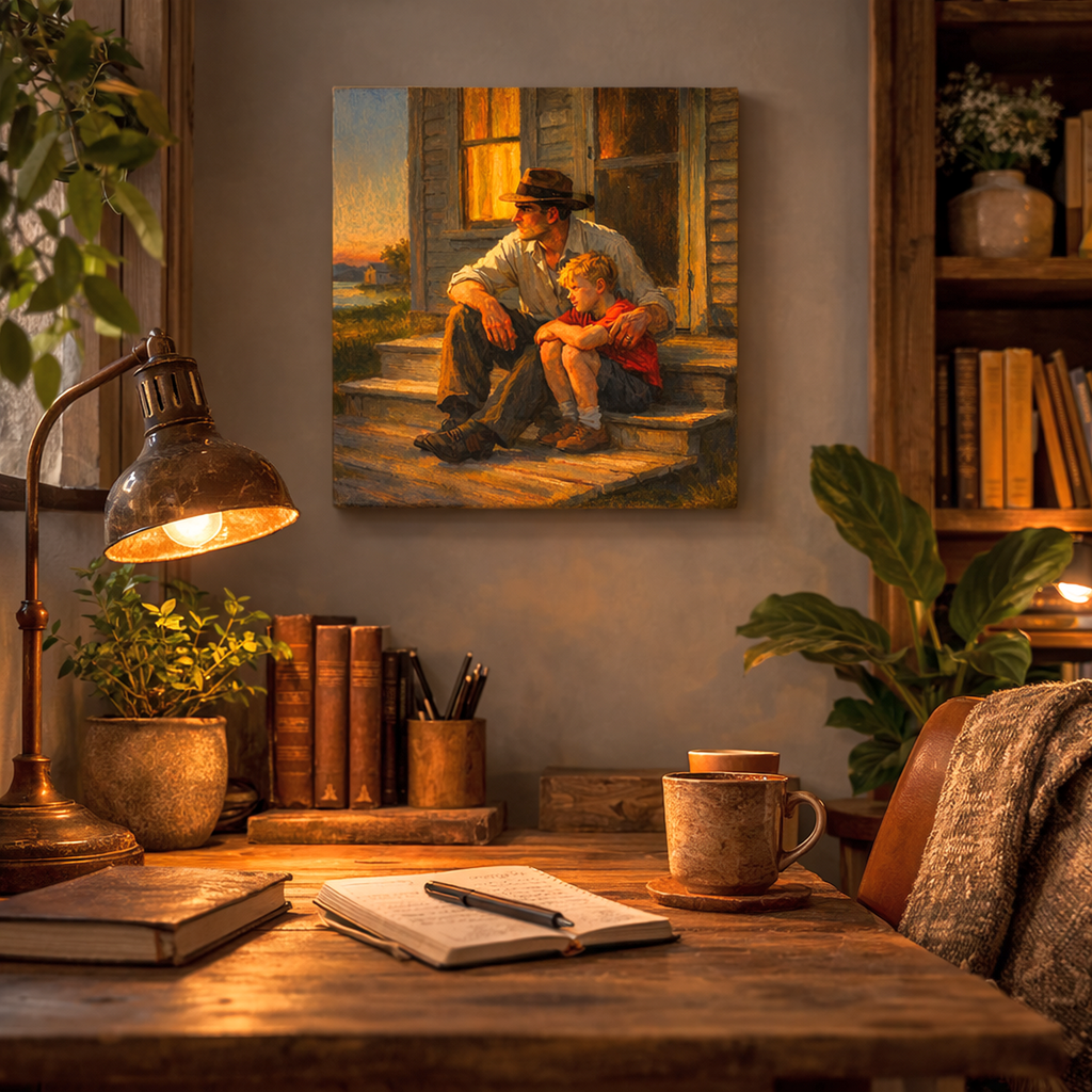Cozy room with a wooden desk, lamp, books, and a painting of a man and child on steps.