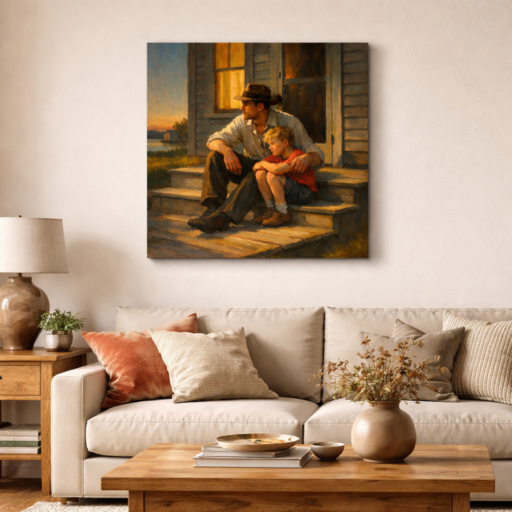 Painting of a man and a child sitting on a porch at sunset set on wall in living room