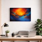 Colorful vibrant abstract painting on a wall above a desk with office supplies.