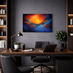 Modern office space with a desk, chairs, and a large abstract painting on the wall.