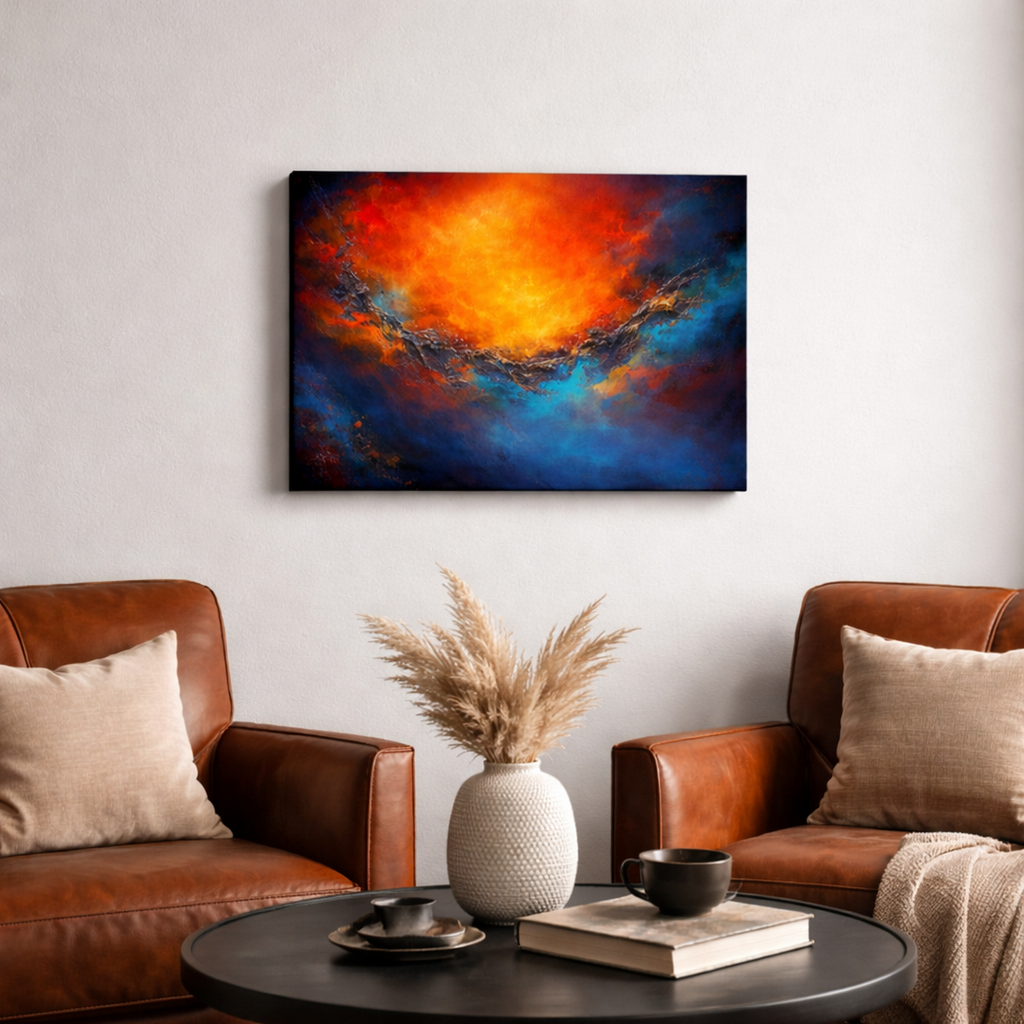 Colorful abstract painting on a wall above a brown leather sofa with decorative items on a table.