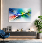 Modern living room with a colorful abstract painting on the wall, blue chair, and potted plant.