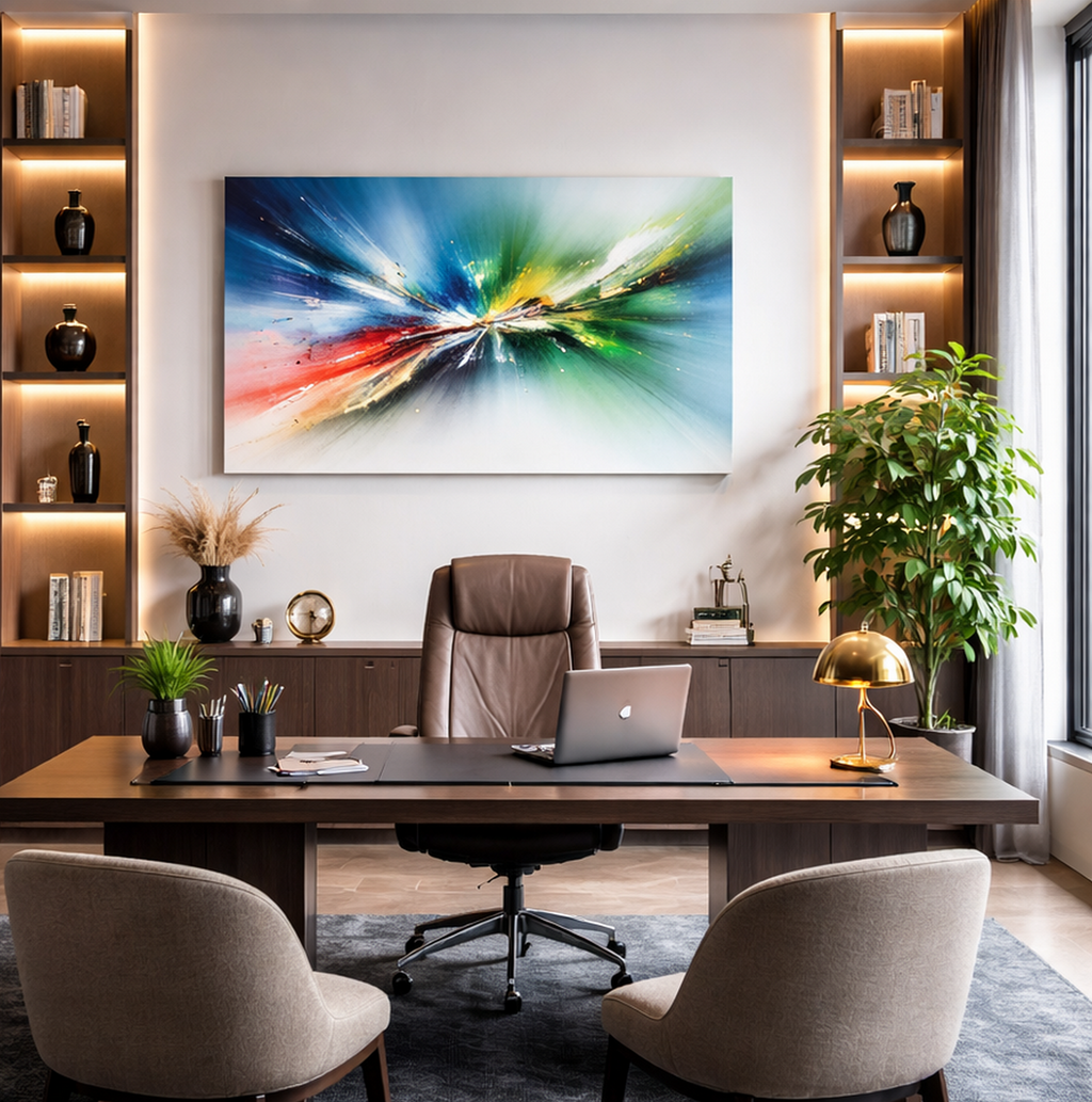 Modern office setup with a large desk, chairs, and decorative elements.