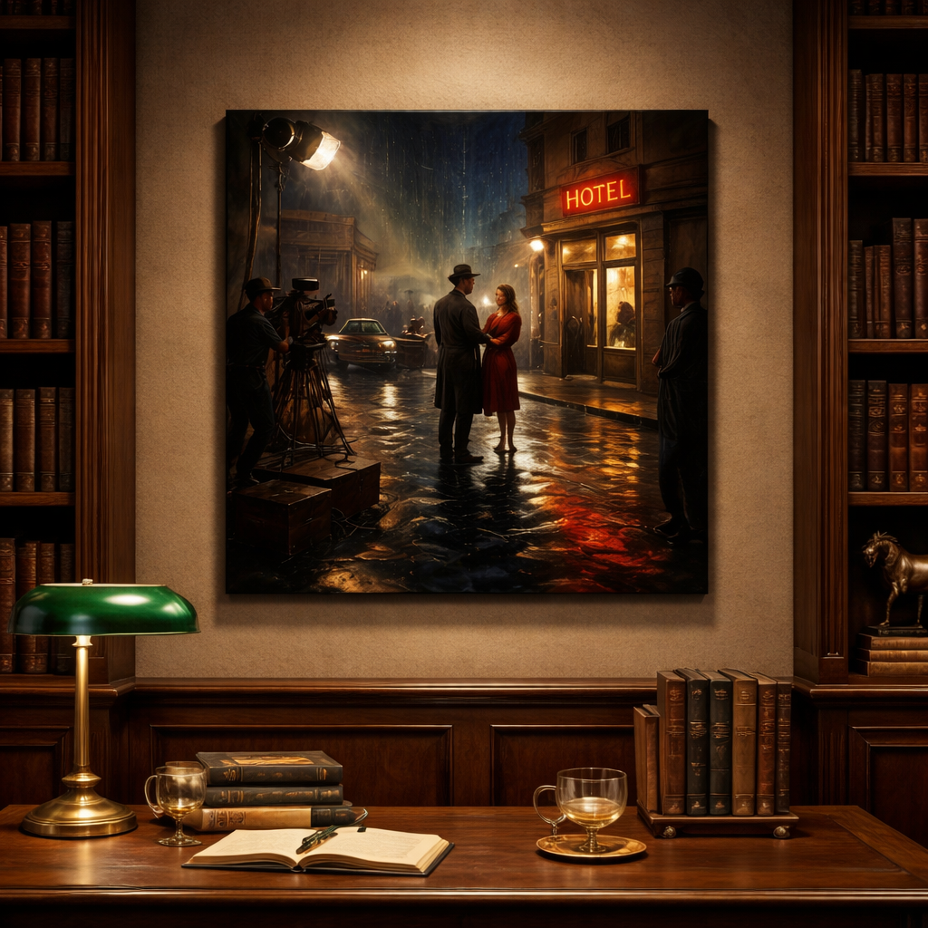 Artwork of a couple on a Film noir city street at night, hanging above a desk with books and a lamp.