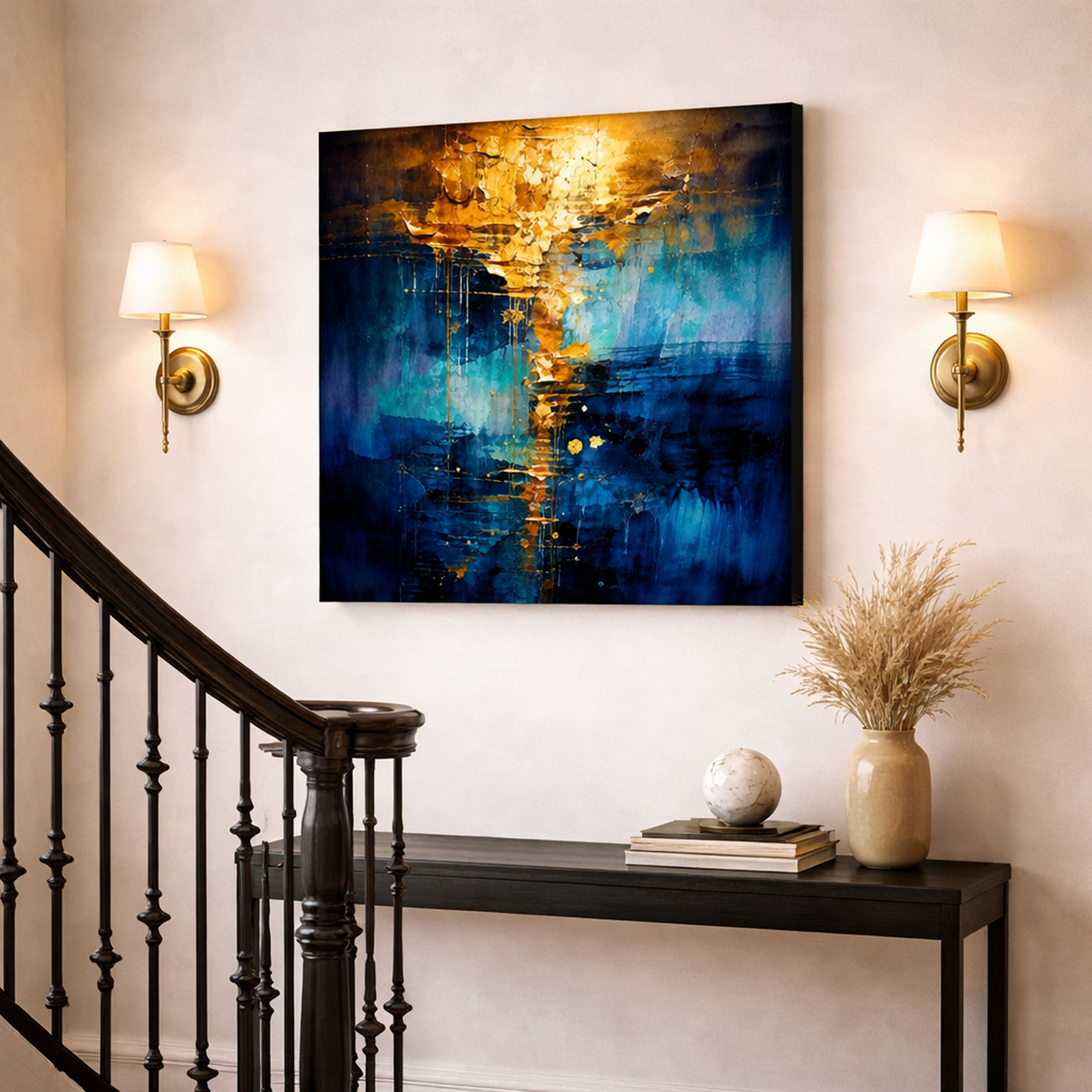 Abstract art piece in a room with a staircase and wall lights.