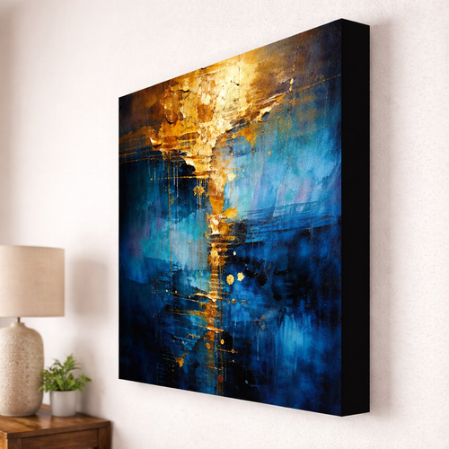Abstract painting with blue and gold tones on a white wall, with a lamp and plant in the background.