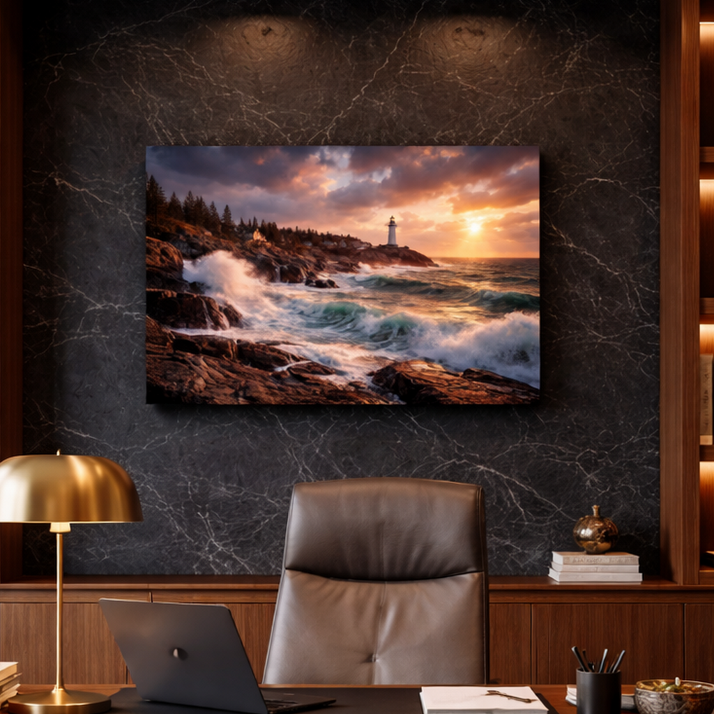 Modern office interior with a large TV screen displaying a scenic ocean view, a desk with a laptop, and decorative items.