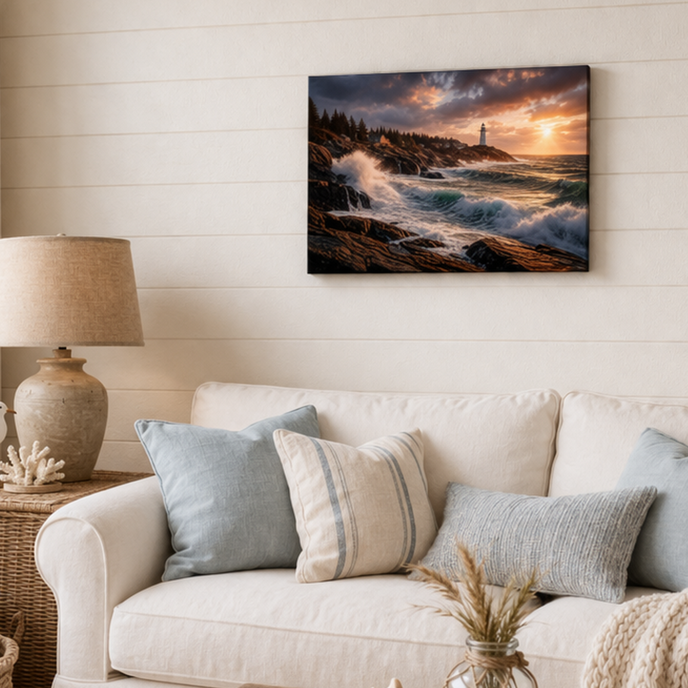Living room with a couch, lamp, and wall art of a lighthouse at sunset.