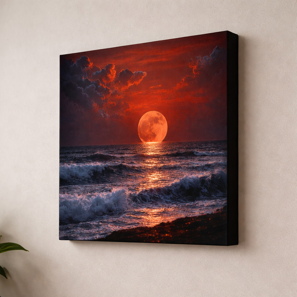 Canvas print of a sunset over the ocean with a red moon, mounted on a wall.