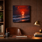 Decorative office setup with a sunset over water painting on the wall.