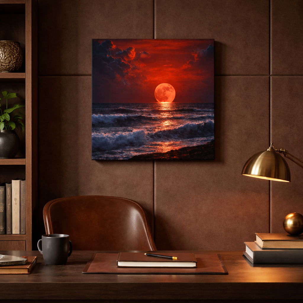 Decorative office setup with a sunset over water painting on the wall.