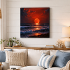 Living room with a sunset over the ocean painting on the wall above a sofa.